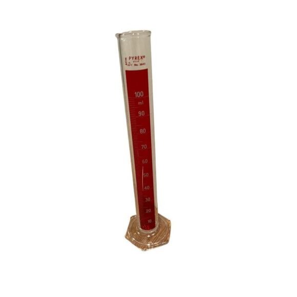PYREX CORNING 100ml GRADUATED CYLINDER BEAKER 3042 USA RED HEX BASE GLASS VTG - Picture 1 of 15
